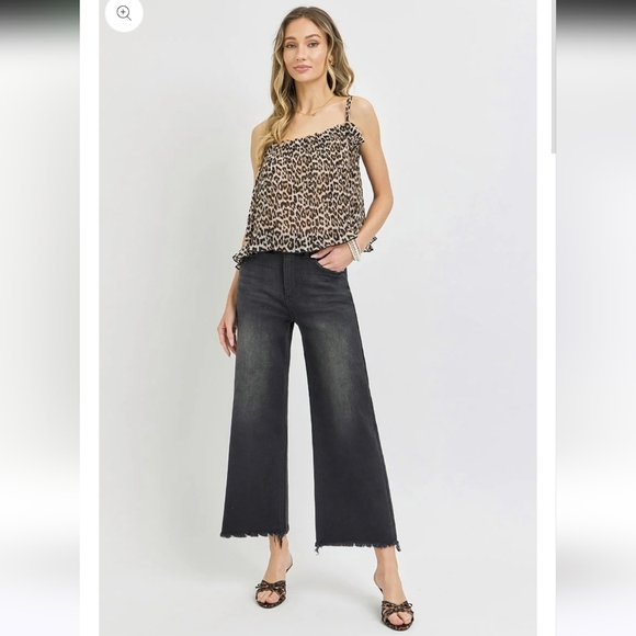 Risen HIGH WAISTED FRAYED ANKLE WIDE LEG JEANS IN BLACK Size 5/27 - Picture 1 of 9